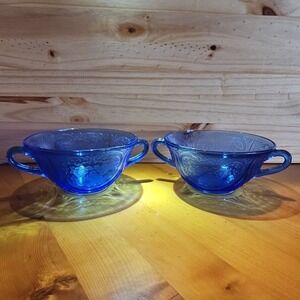 VINTAGE Set 1930'S HAZEL ATLAS "ROYAL LACE" COBALT BLUE Glass BOWL - EXCELLENT